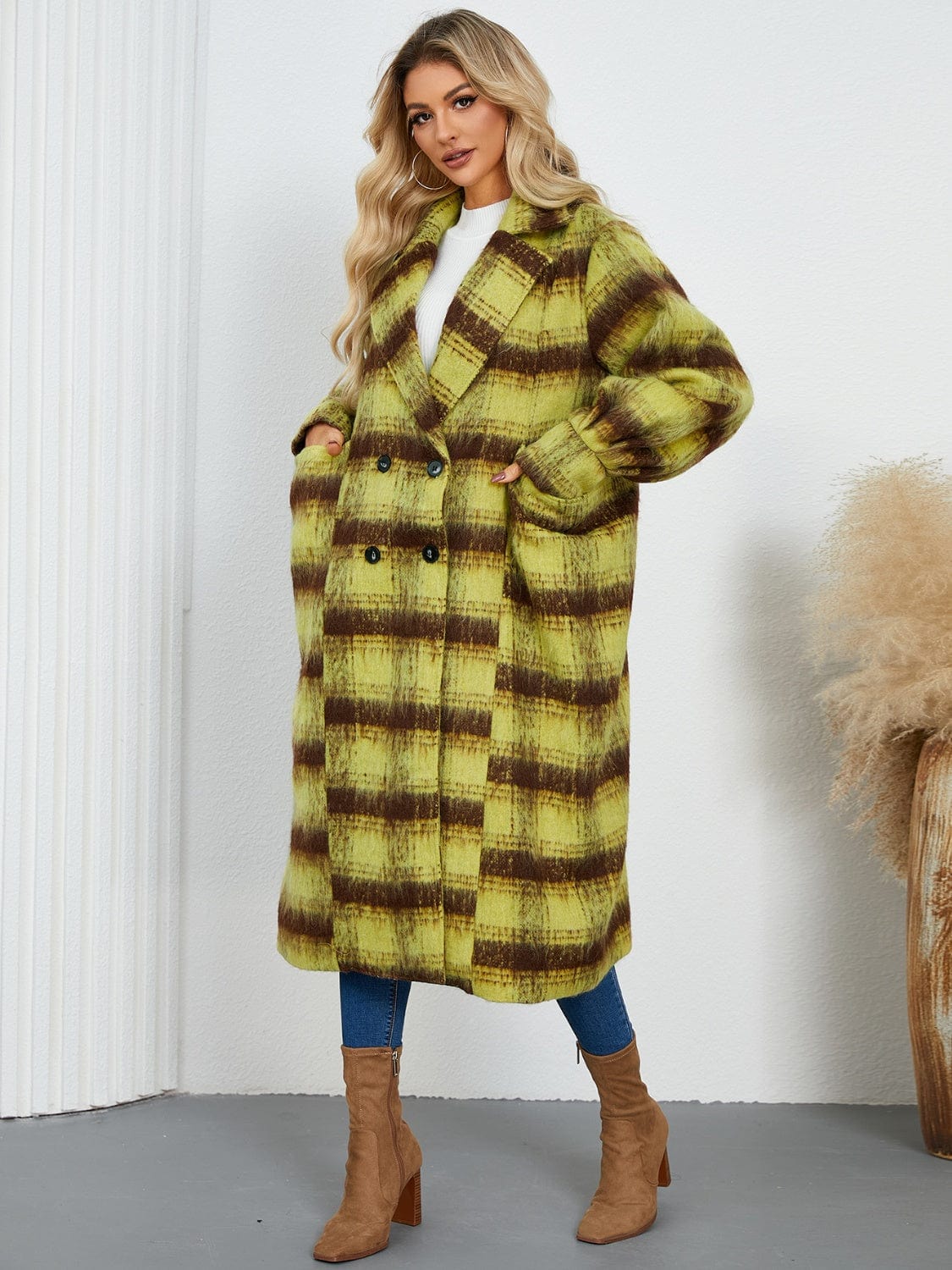 Contrast Double-Breasted Long Sleeve Longline Coat - Trendsi