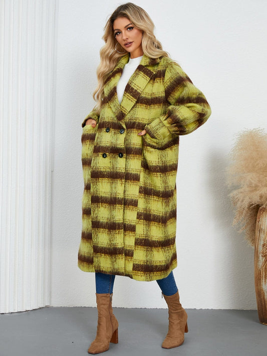 Contrast Double-Breasted Long Sleeve Longline Coat - Trendsi