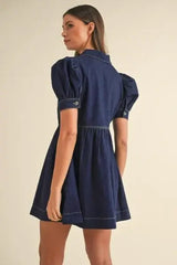 Collared Neck Half Zip Denim Dress - Trendsi - Flyclothing LLC