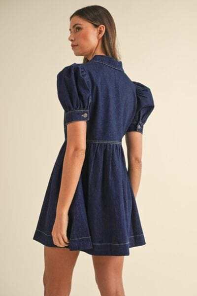 Collared Neck Half Zip Denim Dress - Trendsi - Flyclothing LLC