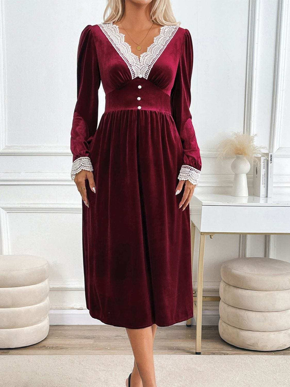 Perfee Lace Detail V-Neck Long Sleeve Midi Dress - Trendsi - Flyclothing LLC
