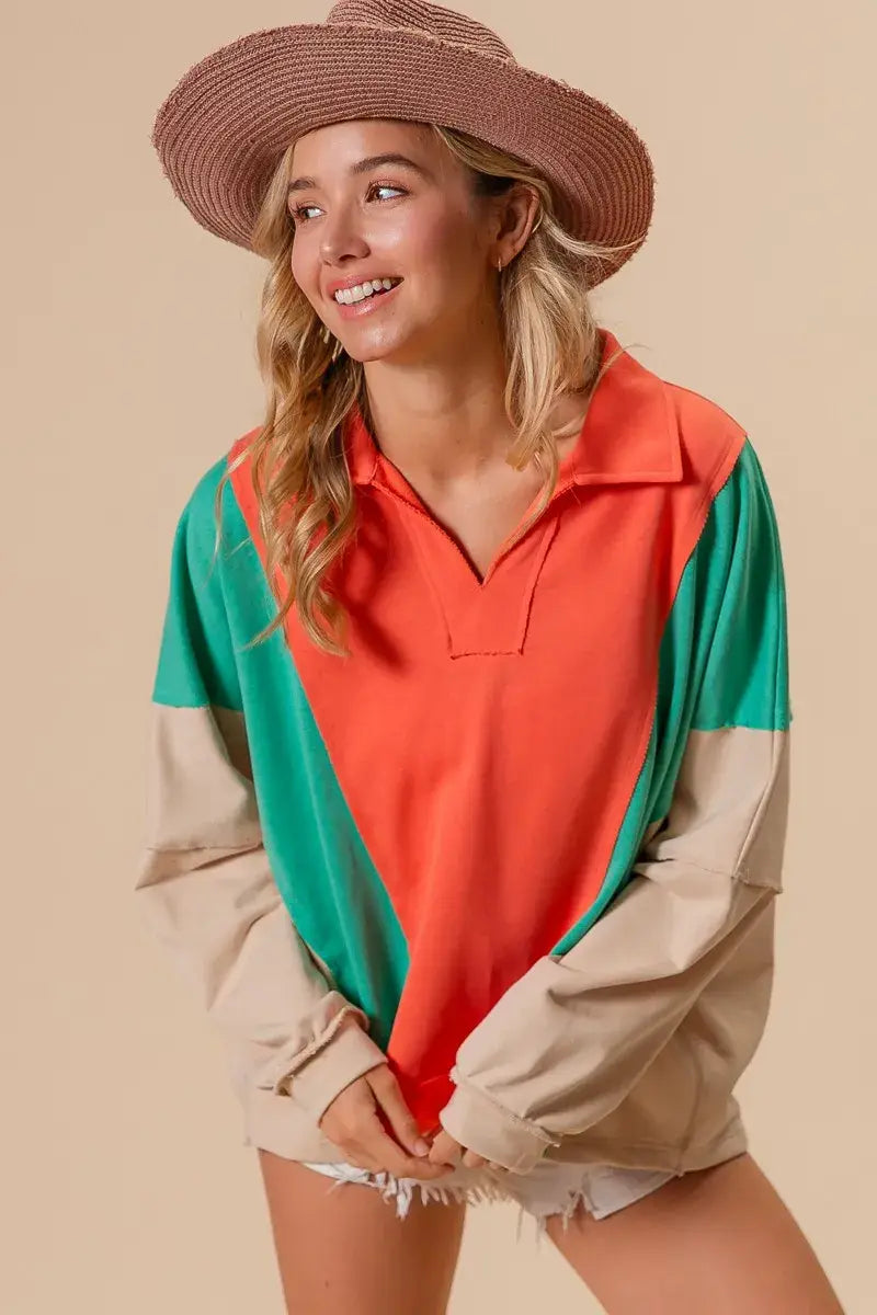BiBi Colorblock Exposed Seam French Terry Sweatshirt - Trendsi - Flyclothing LLC
