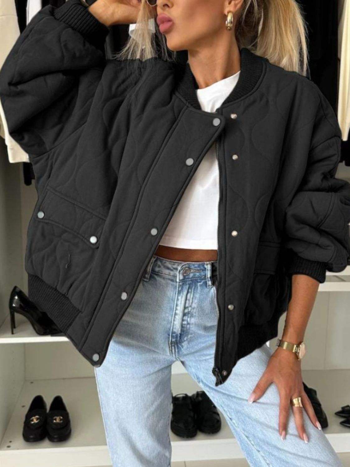 Baseball Collar Snap Down Long Sleeve Jacket - Trendsi - Flyclothing LLC