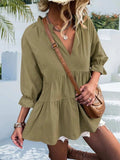 Ruffled Notched Three-Quarter Sleeve Blouse - Trendsi - Flyclothing LLC