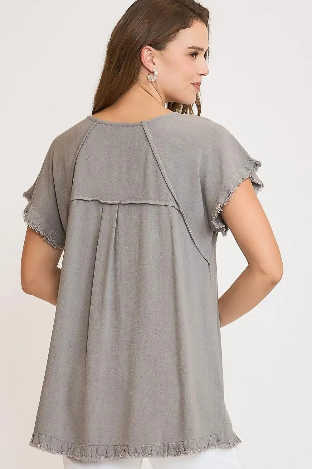Umgee Full Size Seam Detail Linen Ruffle Fringe Edge Top Plus Size - Trendsi - Flyclothing LLC