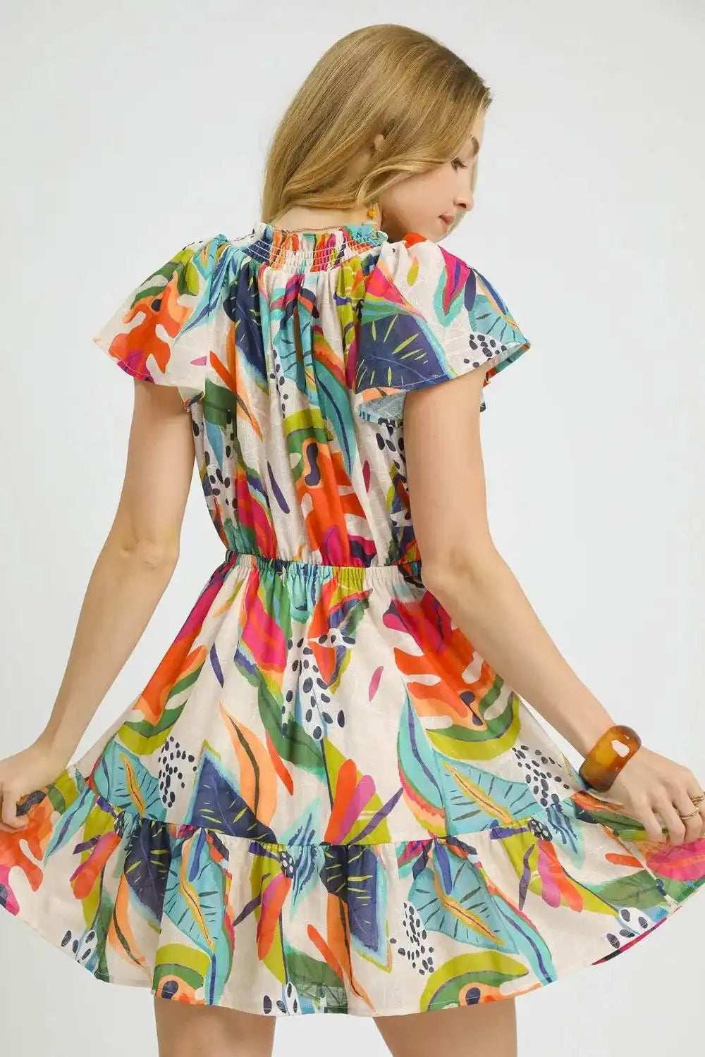 Umgee Printed Tie Neck Ruffled Hem Dress - Trendsi - Flyclothing LLC