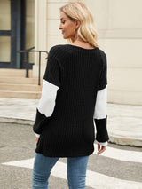 Color Block V-Neck Long Sleeve T-Shirt - Trendsi - Flyclothing LLC