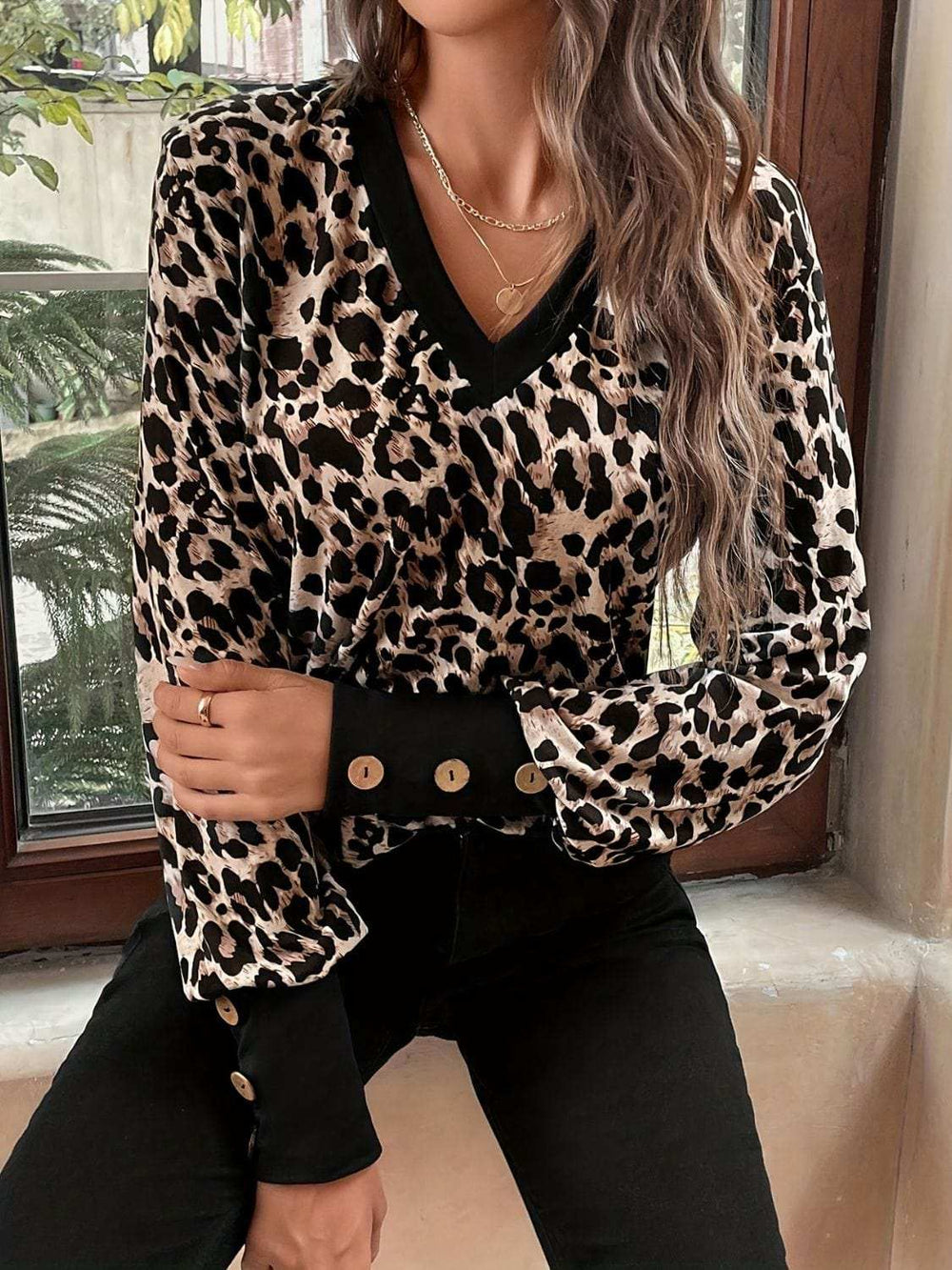 Decorative Button Leopard V-Neck Long Sleeve T-Shirt - Trendsi - Flyclothing LLC