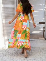 Devine Smocked Printed V-Neck Short Sleeve Maxi Dress - Trendsi - Flyclothing LLC