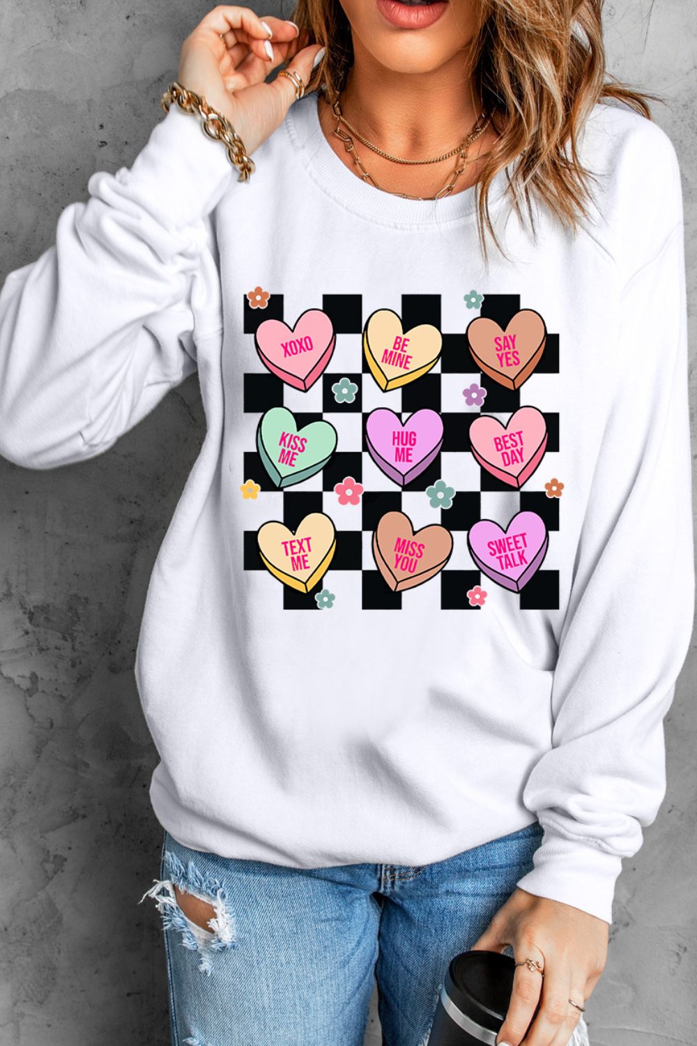 Valentine's Day Checkered Heart Long Sleeve Sweatshirt - Trendsi - Flyclothing LLC