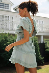 Lace Detail Plunge Short Sleeve Mini Dress - Trendsi - Flyclothing LLC