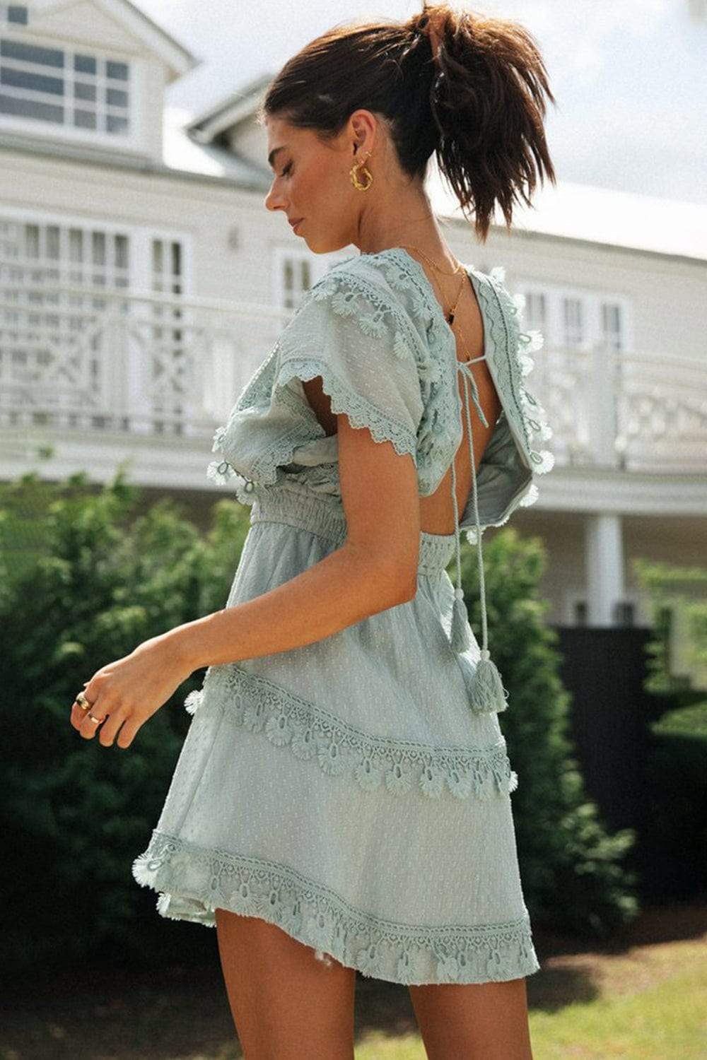 Lace Detail Plunge Short Sleeve Mini Dress - Trendsi - Flyclothing LLC