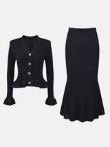 Ruffled V-Neck Top and Midi Skirt Sweater Set - Trendsi - Flyclothing LLC