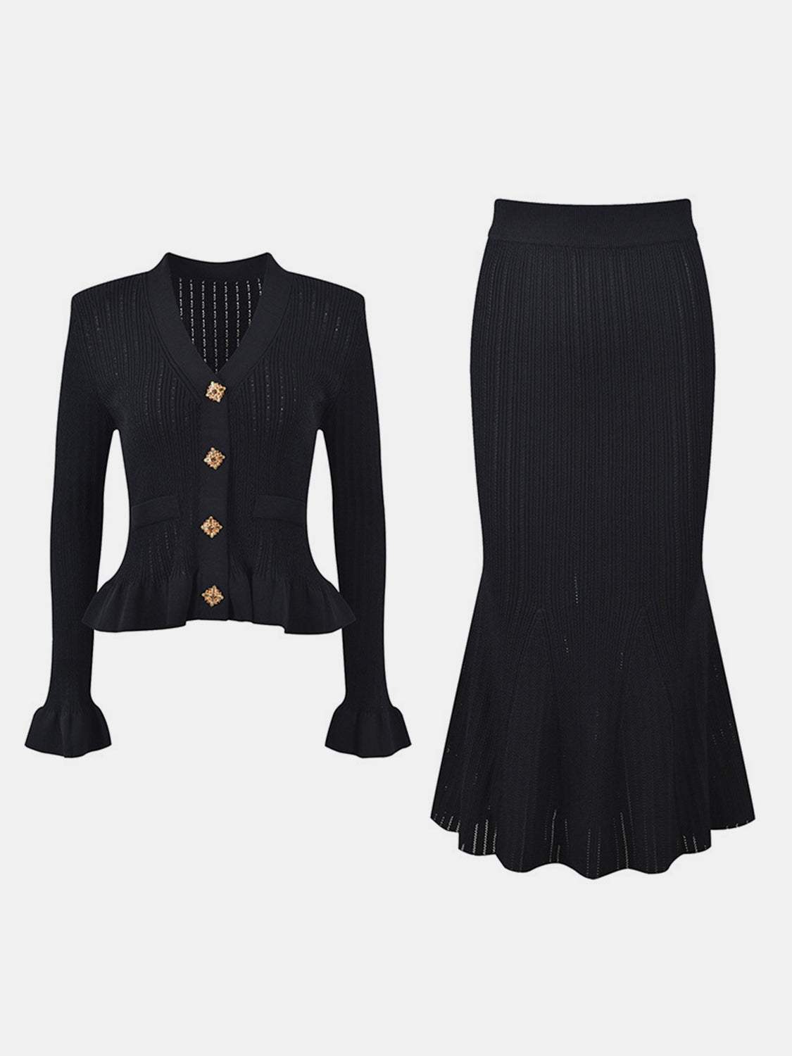 Ruffled V-Neck Top and Midi Skirt Sweater Set - Trendsi - Flyclothing LLC