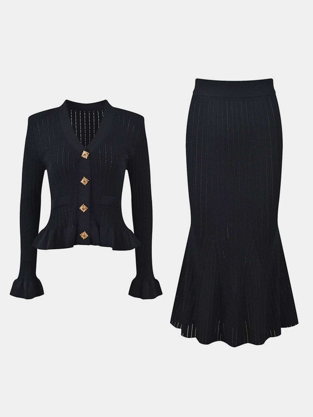 Ruffled V-Neck Top and Midi Skirt Sweater Set - Trendsi - Flyclothing LLC