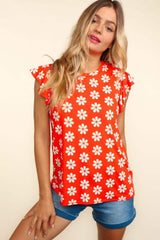 Haptics Round Neck Ruffled Floral Contrast Knit Top - Trendsi - Flyclothing LLC