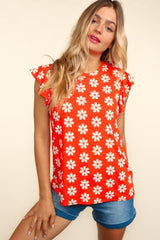 Haptics Round Neck Ruffled Floral Contrast Knit Top - Trendsi