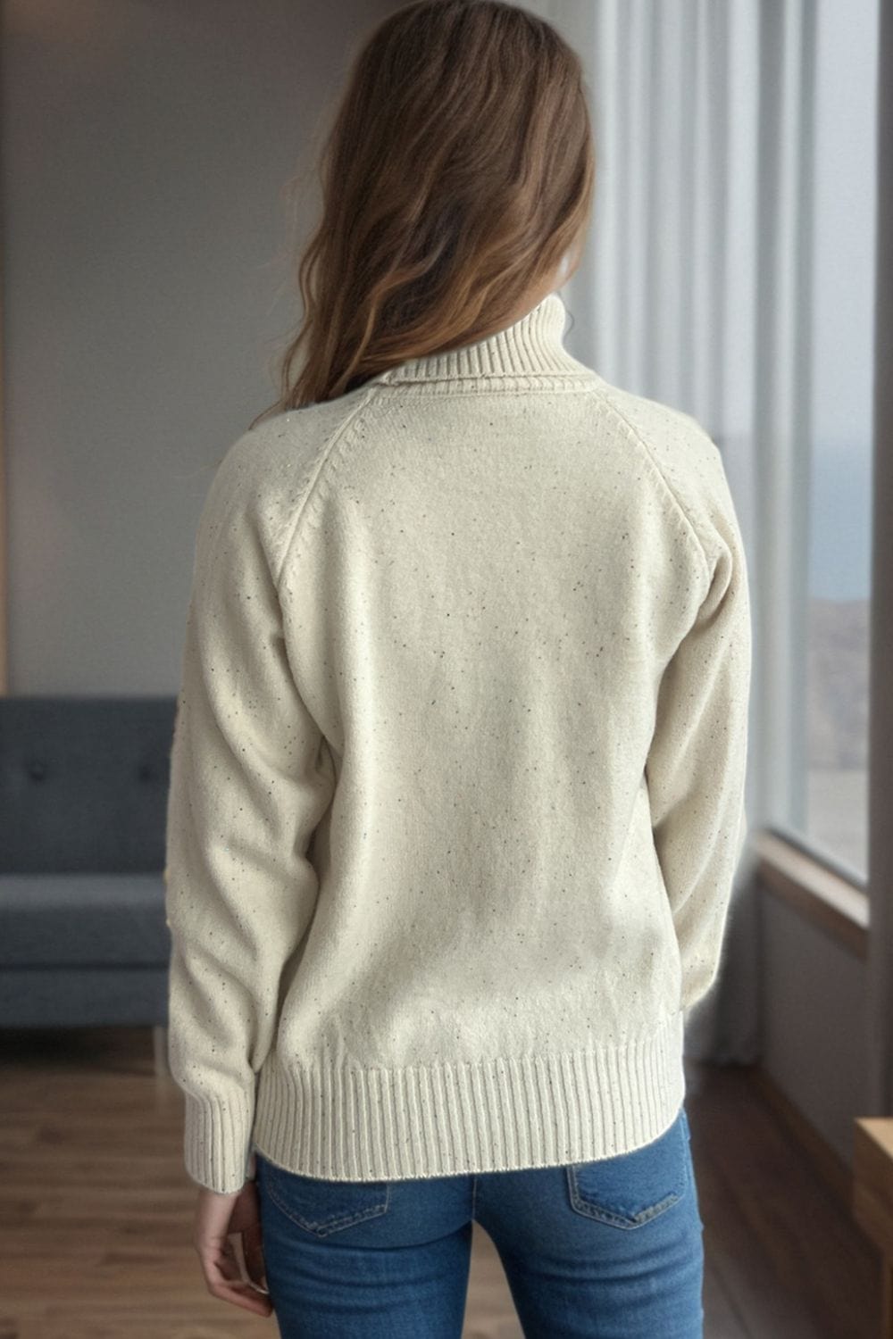 Ribbed Turtleneck Raglan Sleeve Sweater - Trendsi