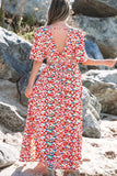 Floral Half Sleeve Deep V Neck Cutout Back Maxi Dress - Trendsi