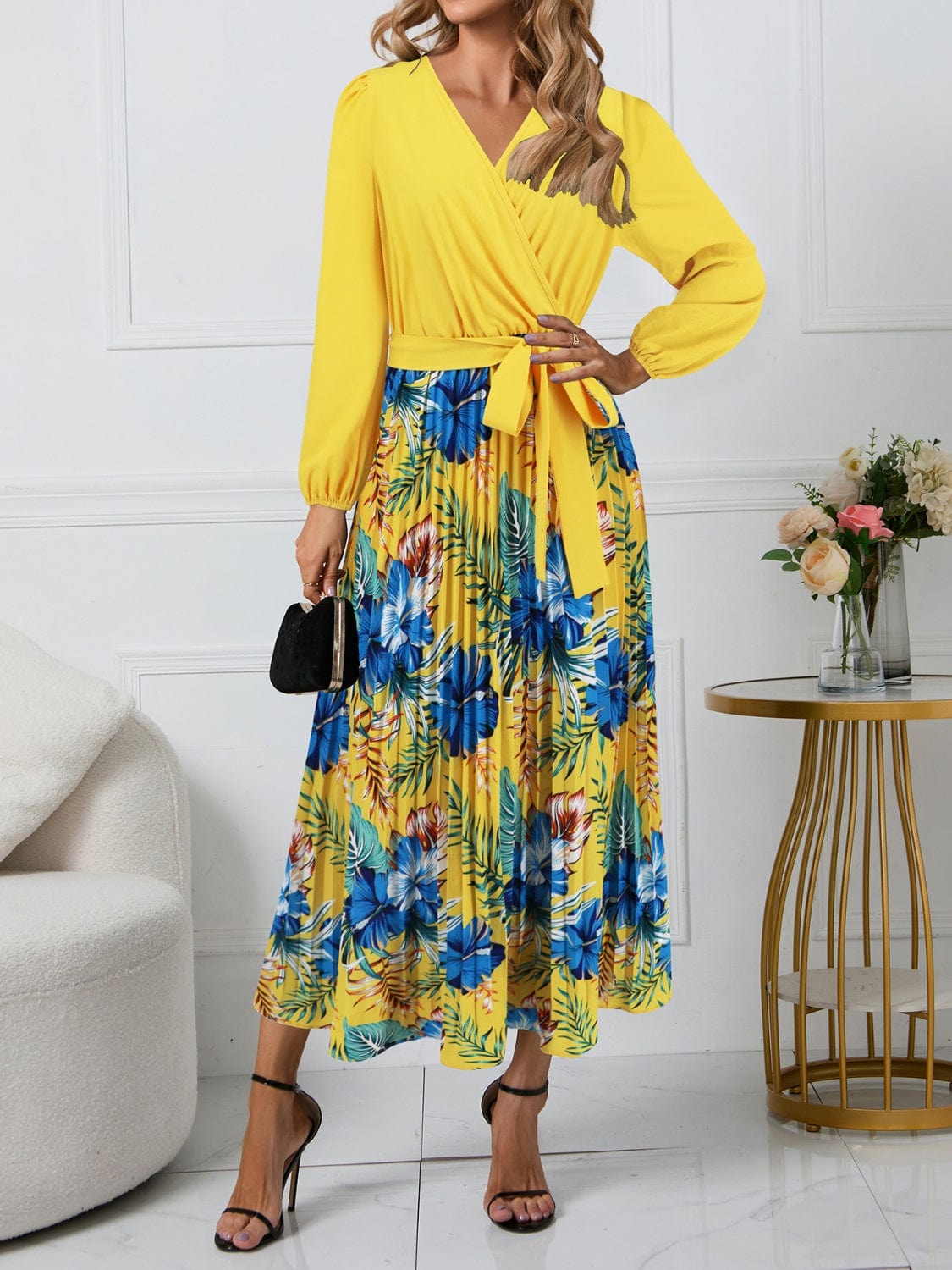 Pleated Printed Surplice Long Sleeve Dress - Trendsi