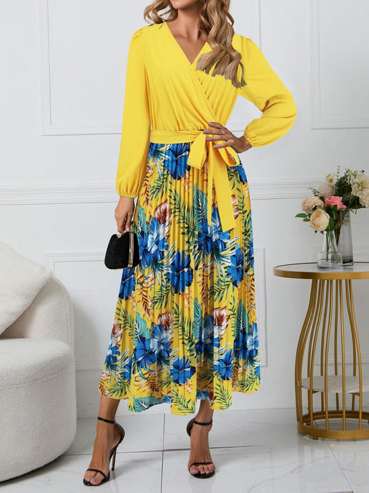 Pleated Printed Surplice Long Sleeve Dress - Trendsi