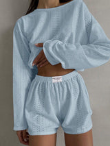 Eyelet Round Neck Top and Shorts Set - Trendsi - Flyclothing LLC