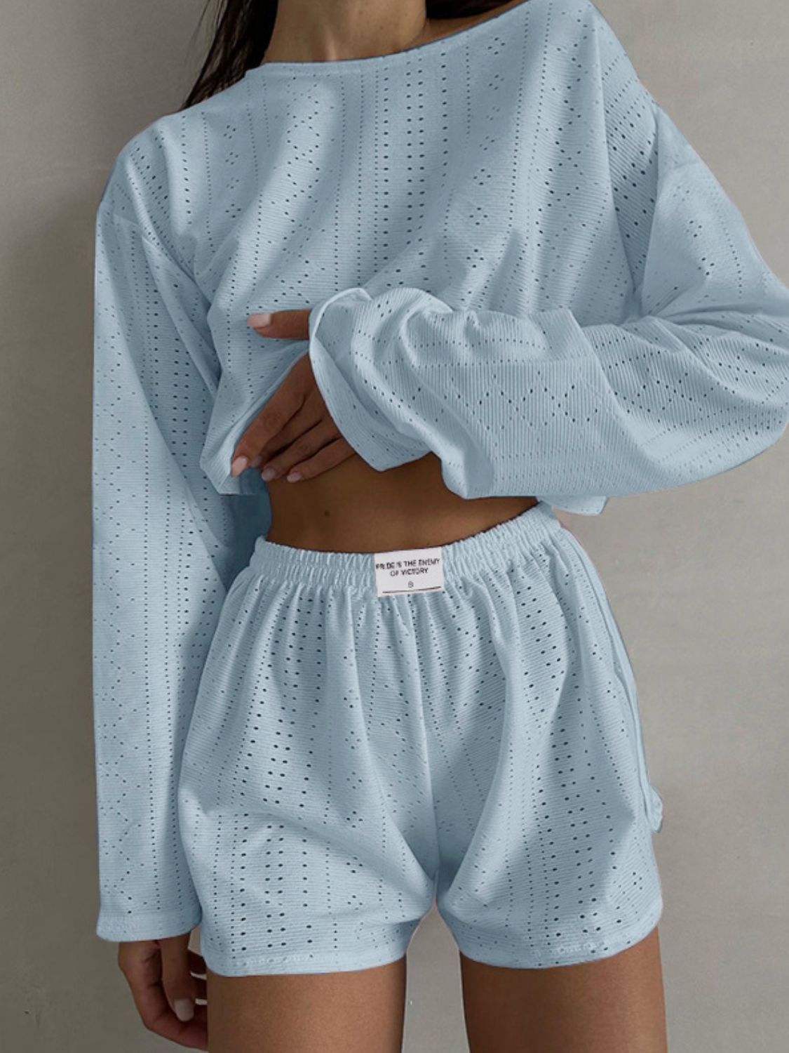 Eyelet Round Neck Top and Shorts Set - Trendsi - Flyclothing LLC
