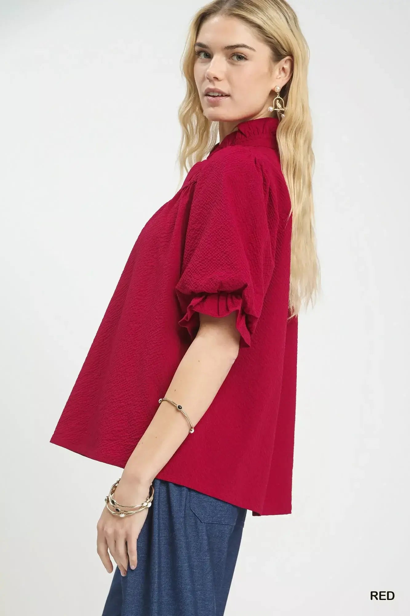 Umgee Textured Smocked Yoke Split-Neck Top - Trendsi - Flyclothing LLC