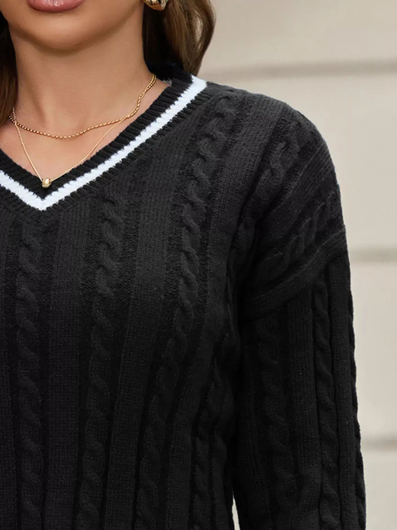 Classic Cable Knit V-Neck Sweater - Trendsi - Flyclothing LLC