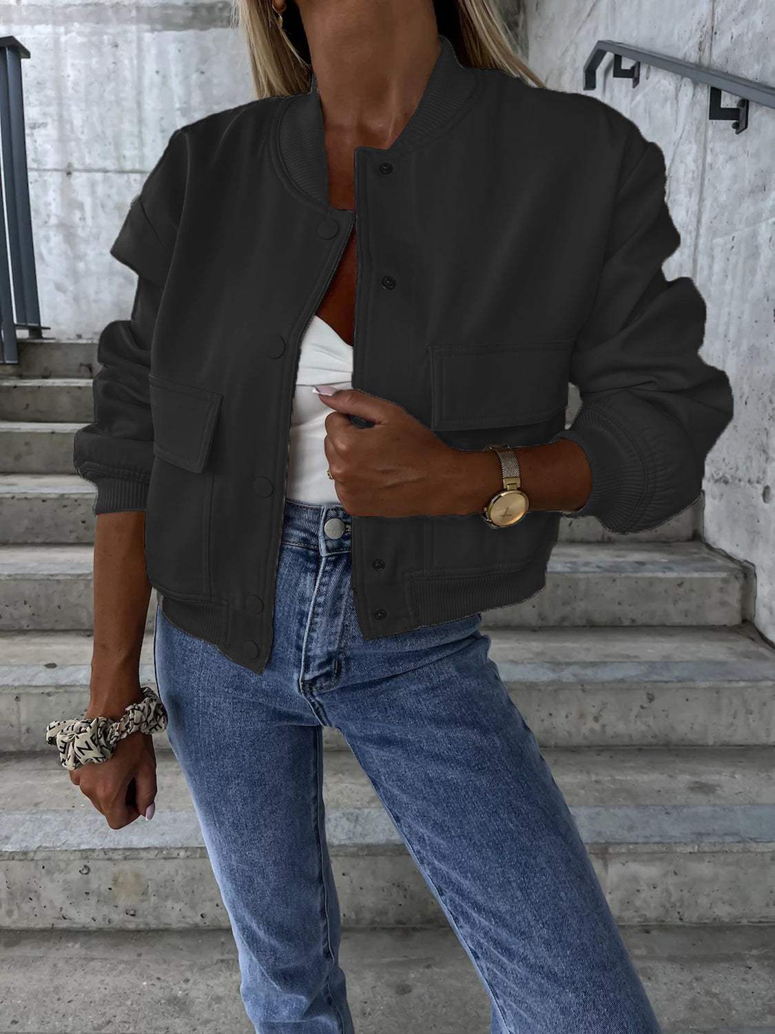 Baseball Collar Dropped Shoulder Jacket - Trendsi - Flyclothing LLC