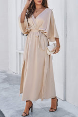 Slit Tied V-Neck Three-Quarter Sleeve Dress - Trendsi - Flyclothing LLC