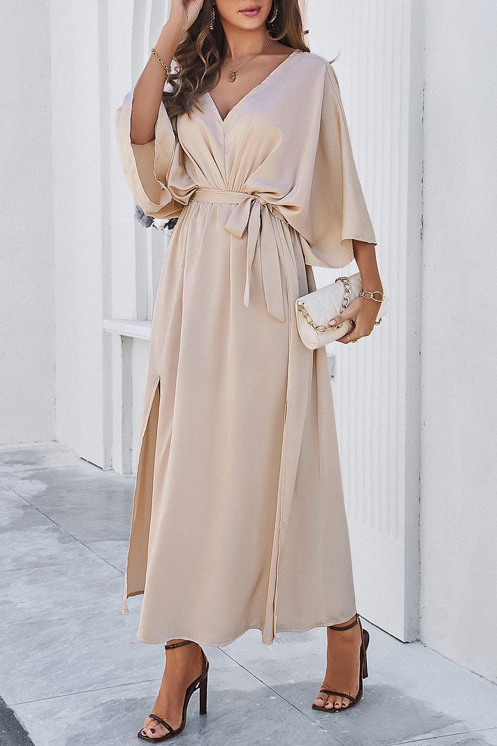 Slit Tied V-Neck Three-Quarter Sleeve Dress - Trendsi - Flyclothing LLC