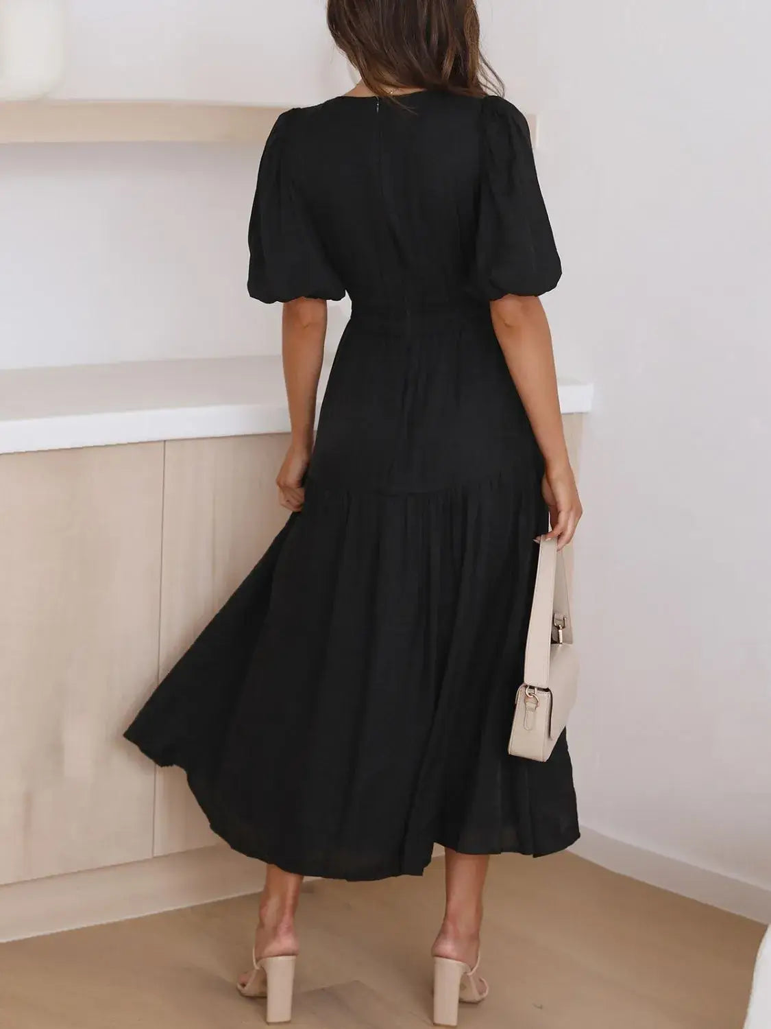 V-Neck Puff Sleeve Midi Dress - Trendsi - Flyclothing LLC