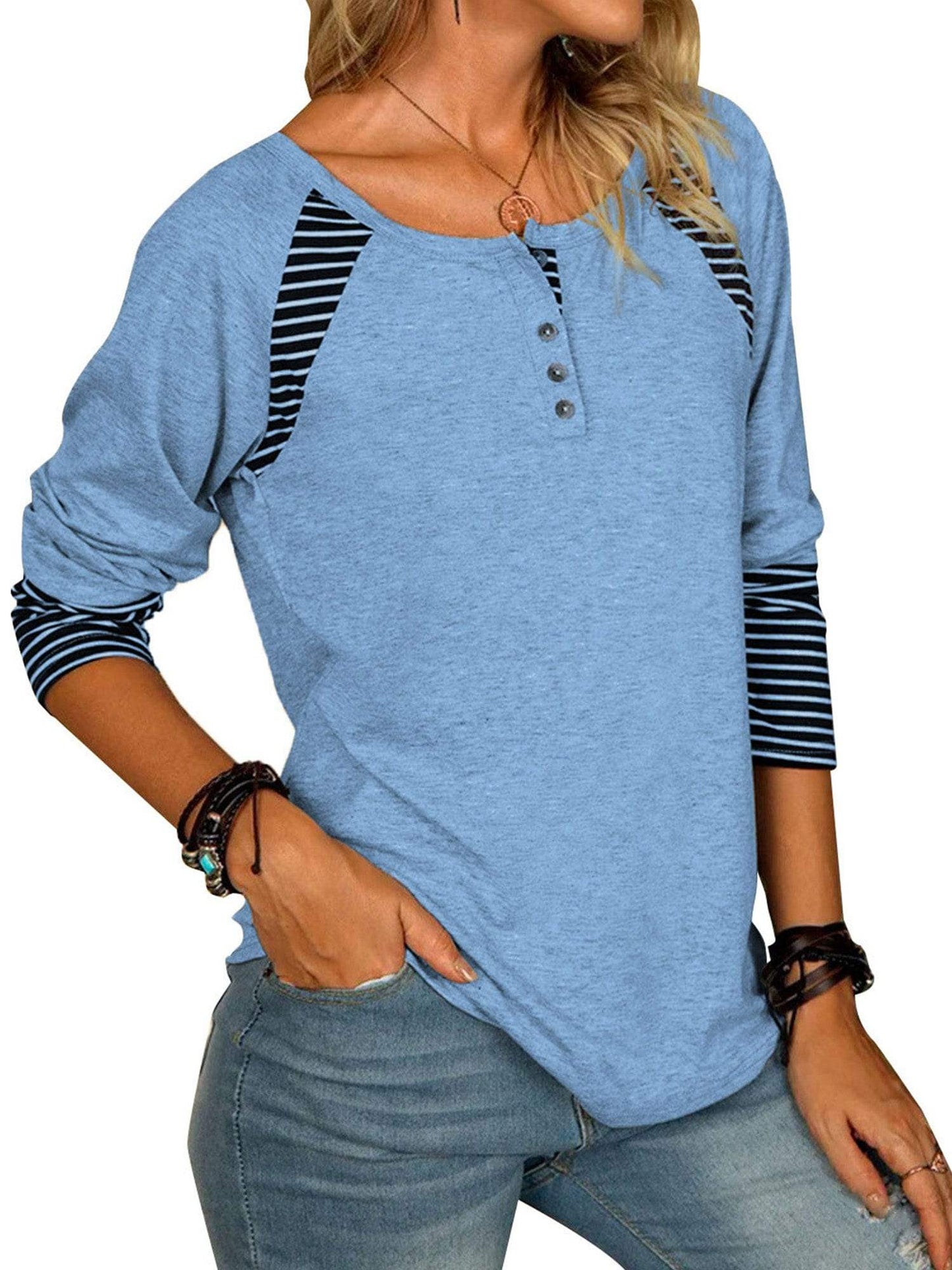Full Size Striped Quarter Button Long Sleeve T-Shirt - Trendsi - Flyclothing LLC