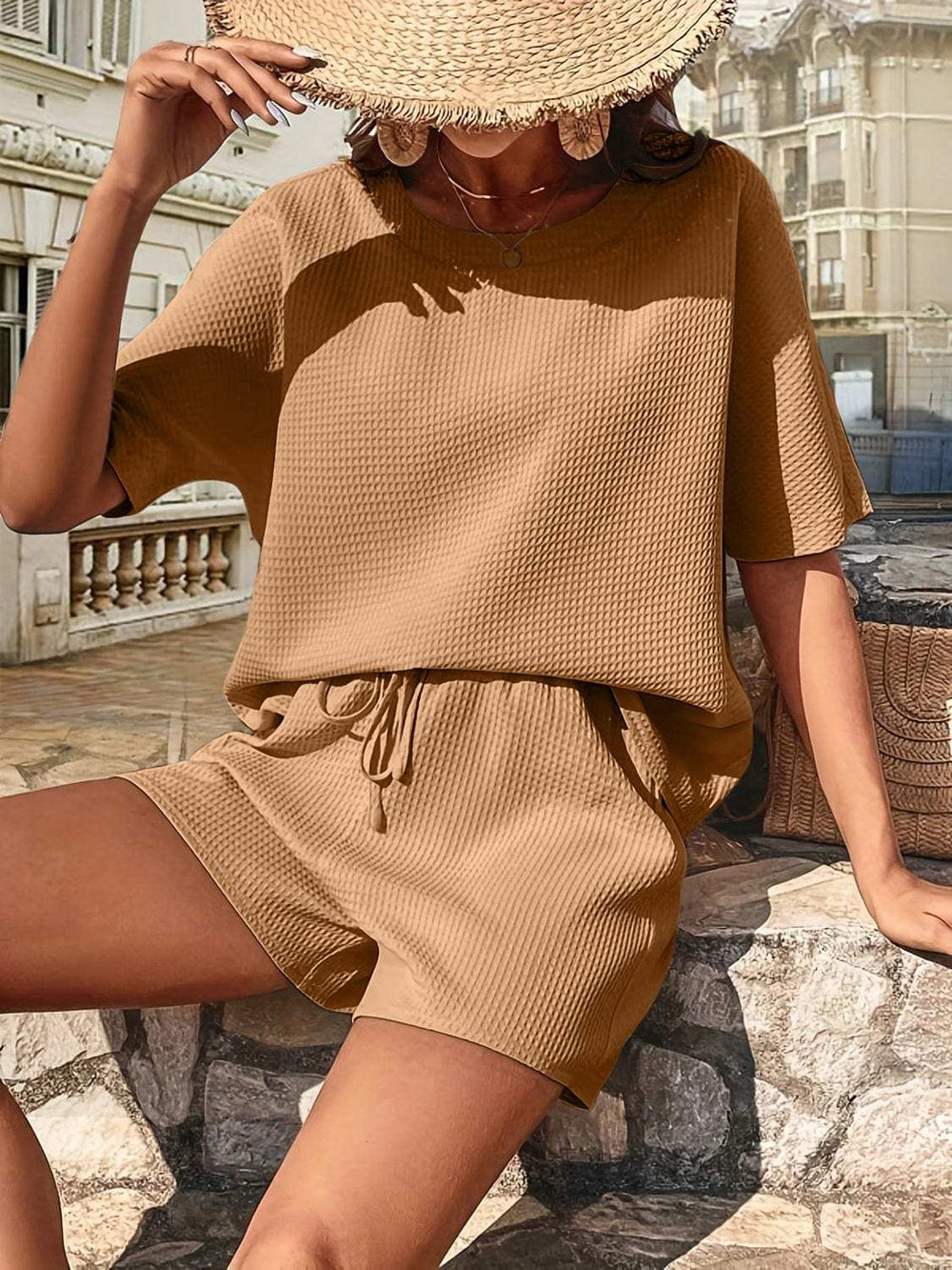 Waffle-Knit Half Sleeve Top and Shorts Set - Trendsi - Flyclothing LLC