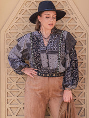 Plus Size Ruffled Printed Notched Long Sleeve Blouse - Trendsi