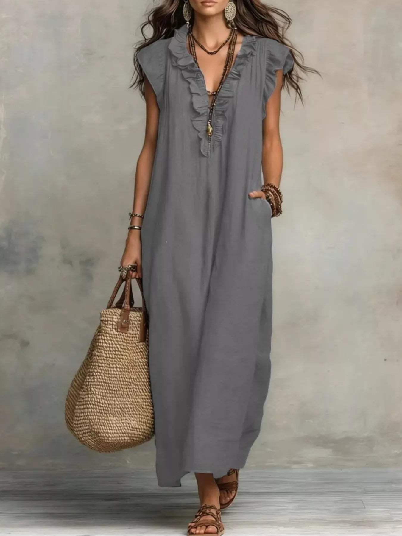Full Size Ruffled V-Neck Cap Sleeve Maxi Dress Plus Size - Trendsi - Flyclothing LLC