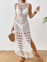 Backless Fringe Hem Round Neck Cover-Up Dress - Trendsi - Flyclothing LLC