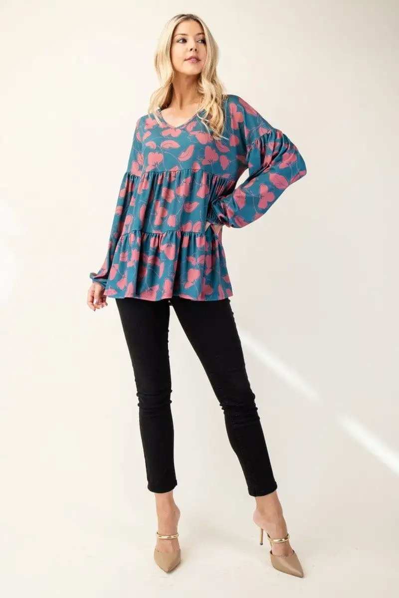 Celeste Full Size Tiered Floral V-Neck Long Sleeve Blouse - Trendsi - Flyclothing LLC