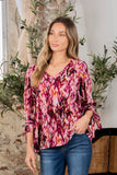 Sew In Love Full Size Printed V-Neck Blouse with Sleeve Knot - Trendsi