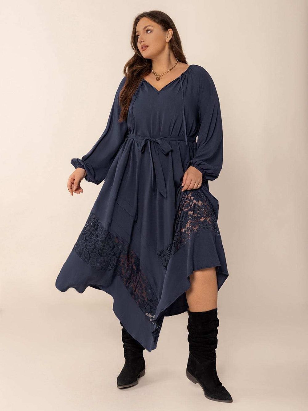 Plus Size Lace Detail Tie Neck Long Sleeve Midi Dress - Trendsi - Flyclothing LLC