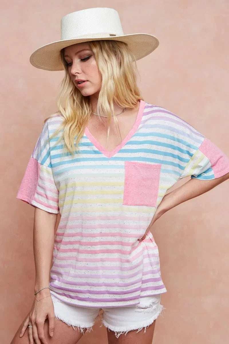 BiBi Rainbow Stripe Printed Triblend Knit Top - Trendsi - Flyclothing LLC