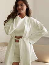 Waffle-Knit Round Neck T-Shirt, Open Front Cardigan and Shorts Set - Trendsi - Flyclothing LLC