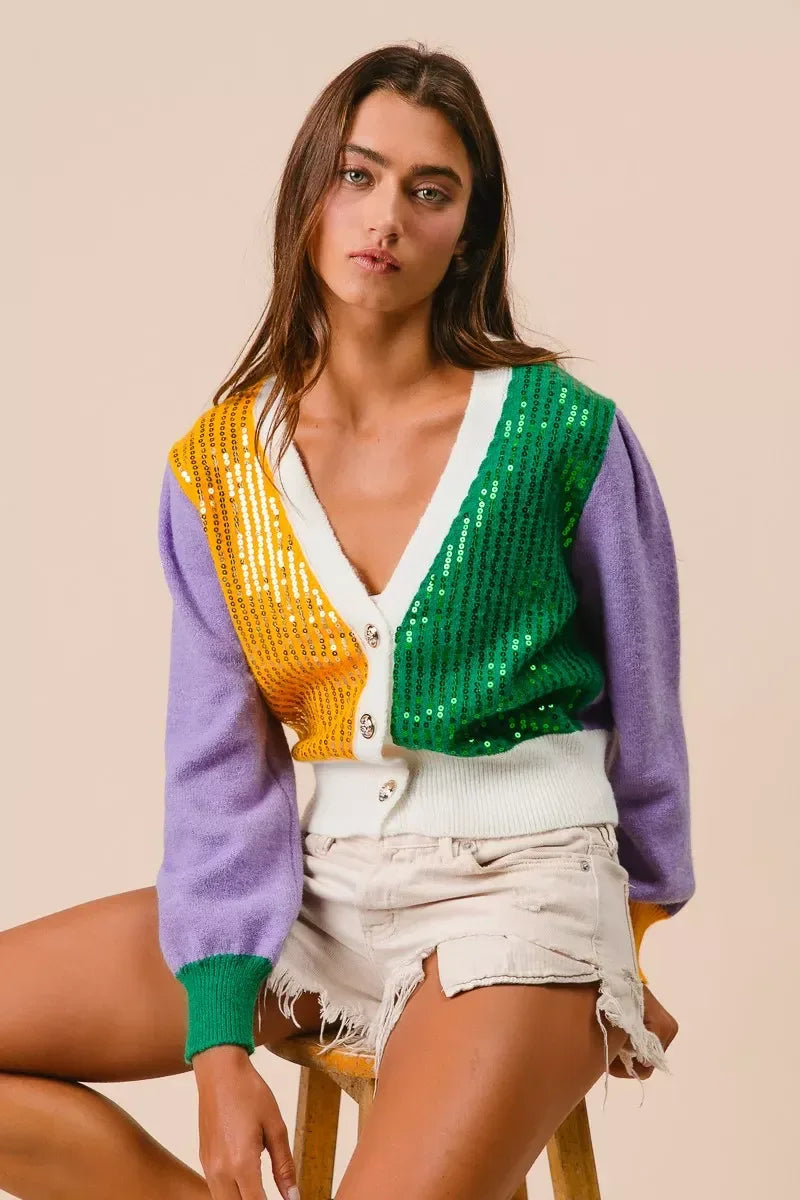 BiBi Mardi Gras Color Block Sequin Sweater Cardigan - Trendsi - Flyclothing LLC