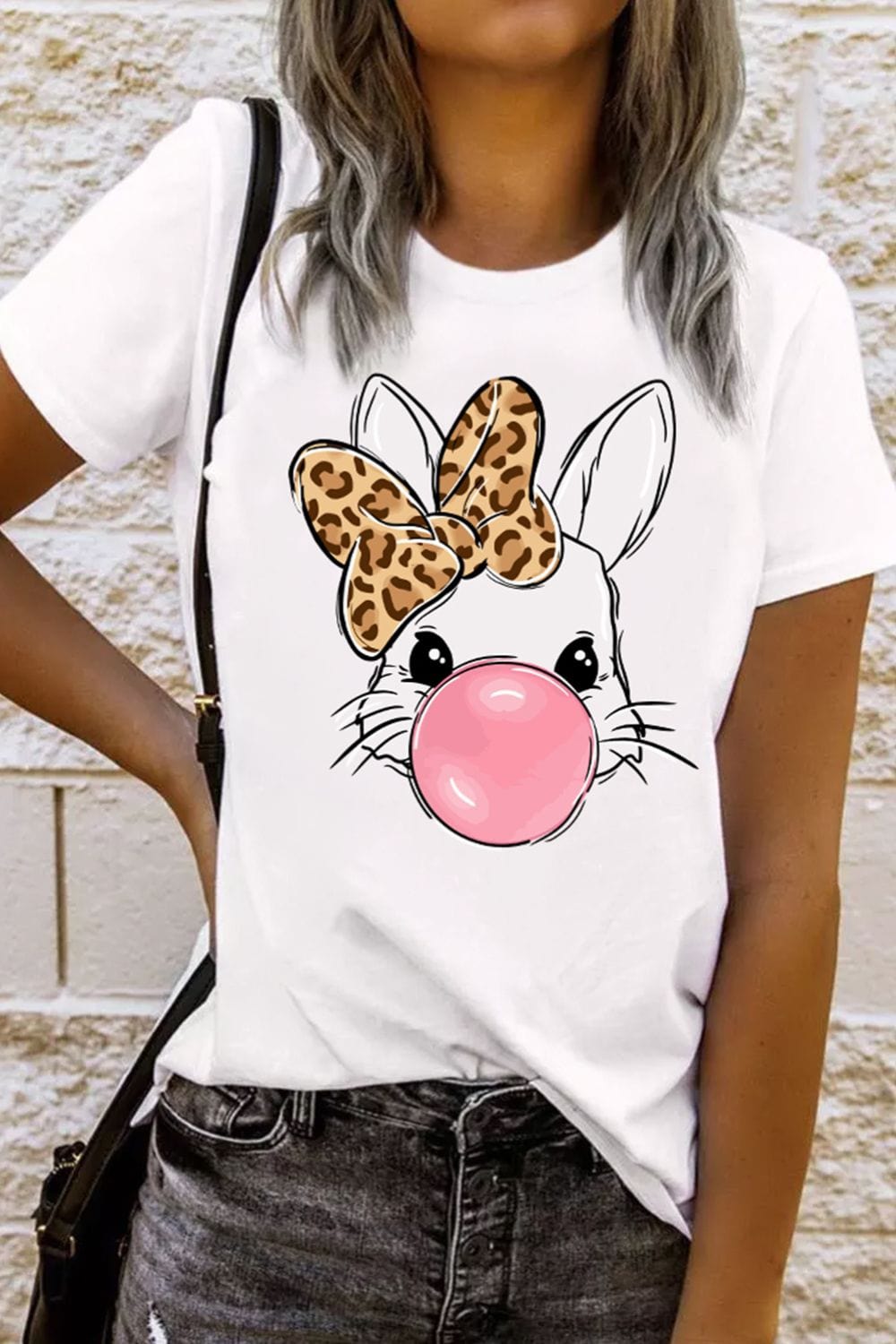 Leopard Bow Rabbit Graphic Round Neck Short Sleeve T-Shirt - Trendsi