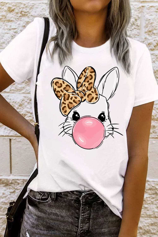 Leopard Bow Rabbit Graphic Round Neck Short Sleeve T-Shirt - Trendsi - Flyclothing LLC