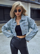 Distressed Raw Hem Cropped Denim Jacket - Trendsi - Flyclothing LLC