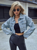 Distressed Raw Hem Cropped Denim Jacket - Trendsi