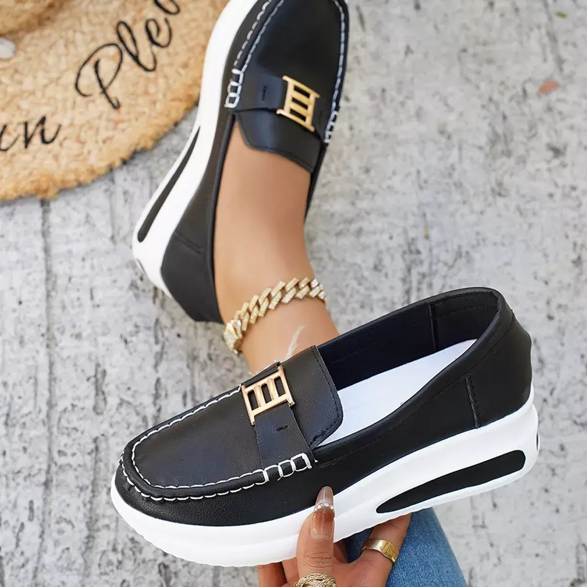 Metal Buckle Round Toe Slip-Ons - Trendsi - Flyclothing LLC