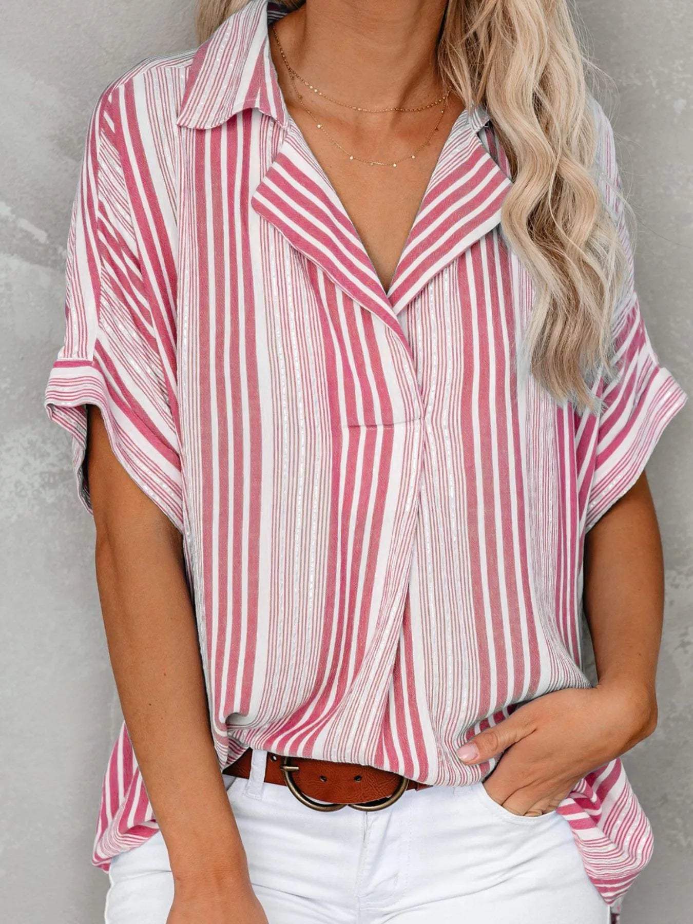 Full Size Collared Neck Half Sleeve Shirt Plus Size - Trendsi - Flyclothing LLC